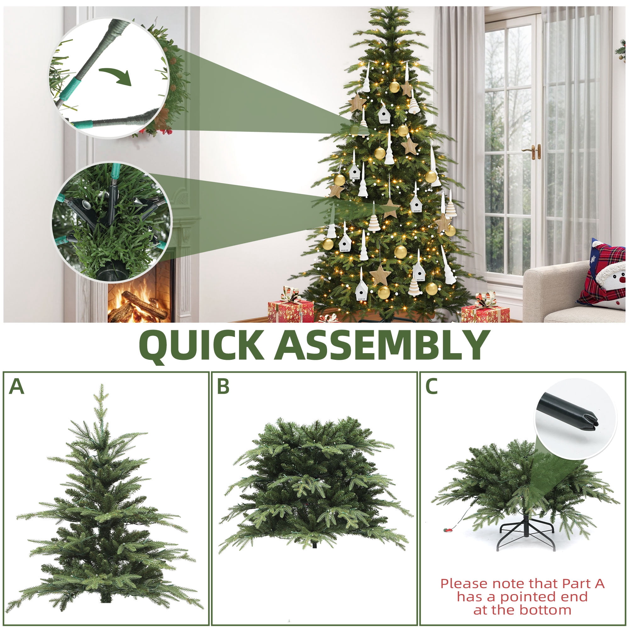 Uforic 6 ft Prelit Slim Pencil Artificial Christmas Tree with 1628 PE&PVC Tips & 300 Lights,11 Light Modes, Green
