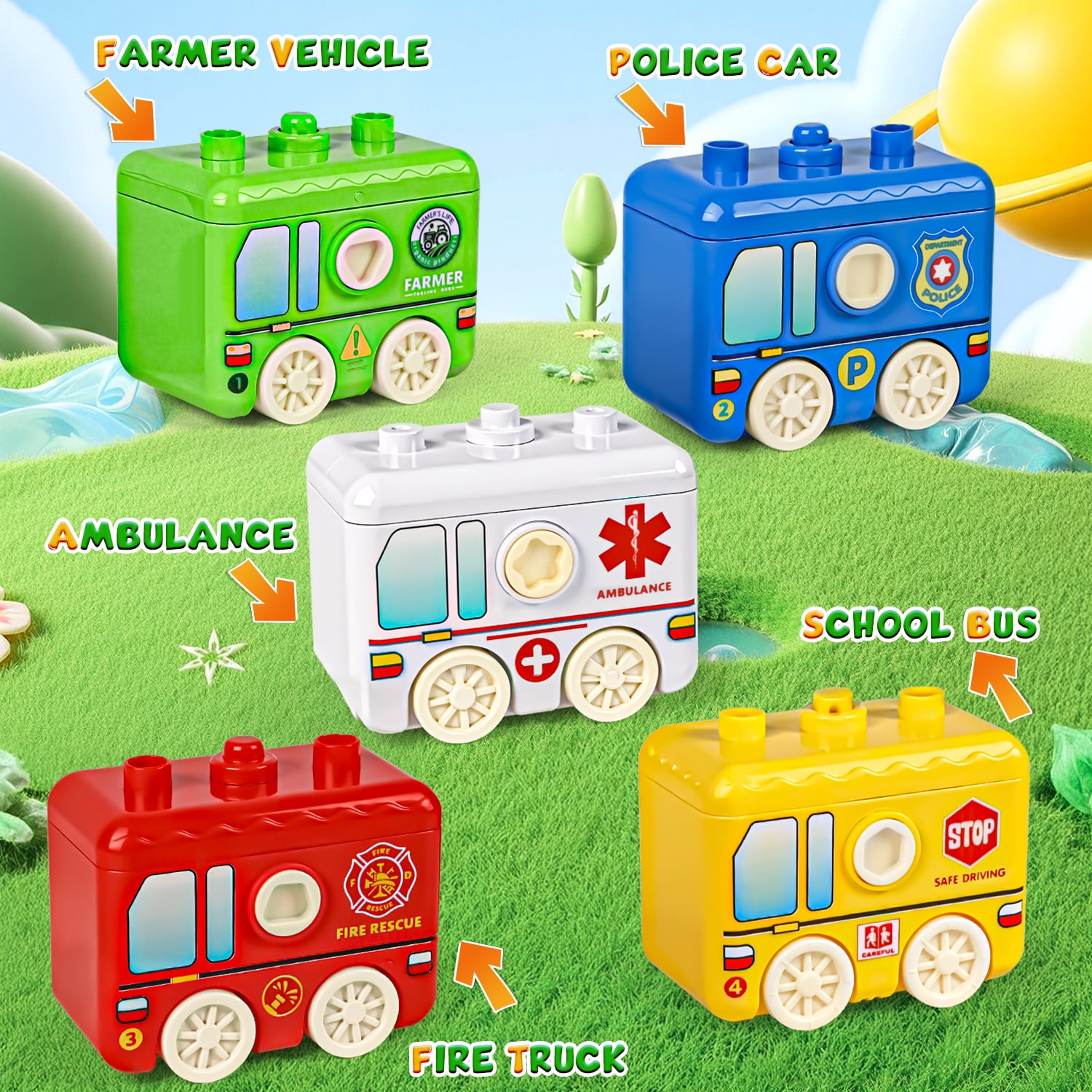Carsky Montessori Train Toy with Lights & Music, 5-in-1 Vehicle Set w/ Keys, Numbers & Shapes Matching, Finger Puppet Animals&Stackable Cars, Educational Toy Christmas Train Gift for Toddlers 2-5