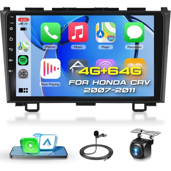 4G 64G Car Radio Stereo for Honda CRV 2007-2011, Wireless CarPlay Android Auto 9 Inch IPS Touch Screen Android 13 GPS Head Unit WiFi Bluetooth DSP Audio USB Dual Mic HD Rear Camera