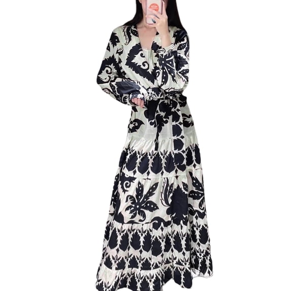 Liacowi Women Boho Long A-Line Dress Vintage Graph Print Long Sleeve Deep V Neck Ankle Length Dress with Belt