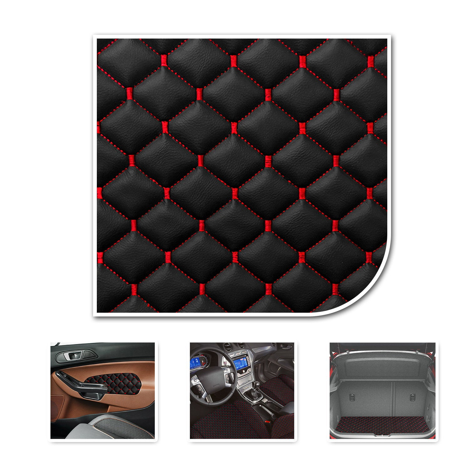 Black Leather Red Stitching & Red Double Layer Diamond Car Mats
