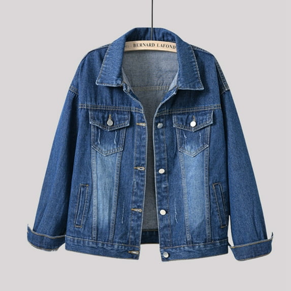 Tthxqing Women's Trendy Oversized Denim Jacket,Casual Boyfriend Cropped Jean Coat,Fall Long Sleeve Button down Tops Outwear X_Blue XL