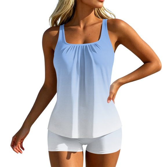 Tankini Swimsuits for Women Summer Gradient Tummy Control Two Piece Bathing Suits Tank Tops with Swim Shorts Swimwear, 2XL