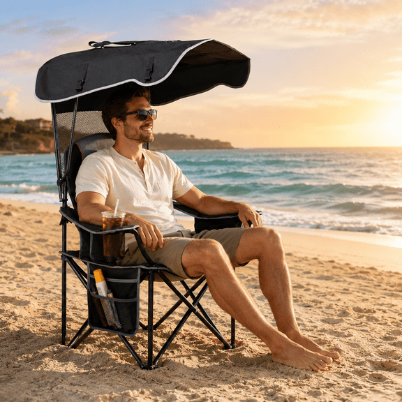 PNKKODW Camping Chair with Canopy Outdoor Folding Chair with Adjustable Sun Shade, Heavy Duty Beach Chair with Cup Holder and Side Pocket, Portable Lawn Chair for Adults, Camping, Beach, Patio, Sport