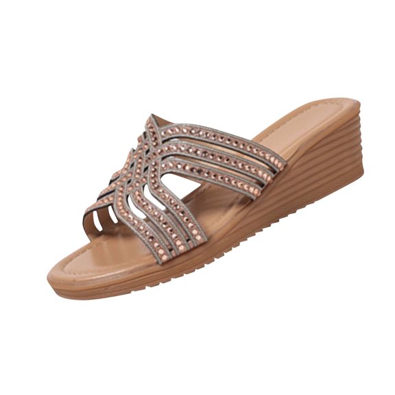 HomeDM Women's Wedge Sandals Comfort Low Heel Dressy Rhinestone Slip On Sandals for Summer Beach Travel, Gold Size 9