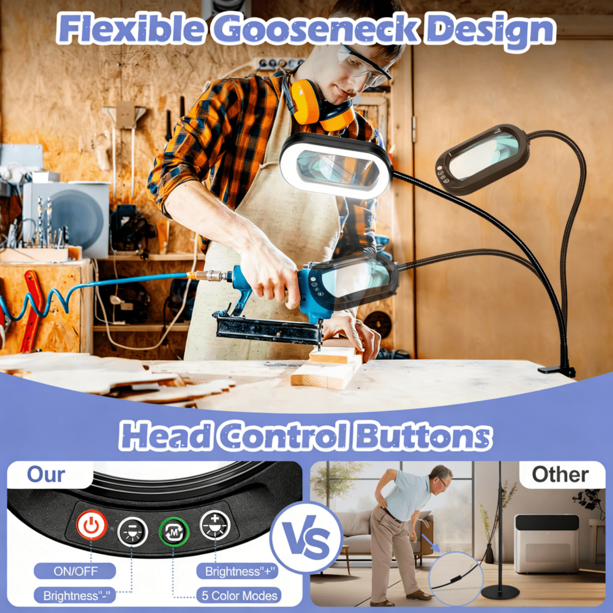 3-in-1 LED Magnifying Floor Lamp with Clamp, 24-inch Flexible Gooseneck, 5 Color Modes Stepless, Hands Free for Reading