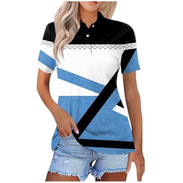 Blusas para las Mujeres Impresión Casual Manga Corta Turndown Collar Botón Superior, Tops Cortos para las Mujeres