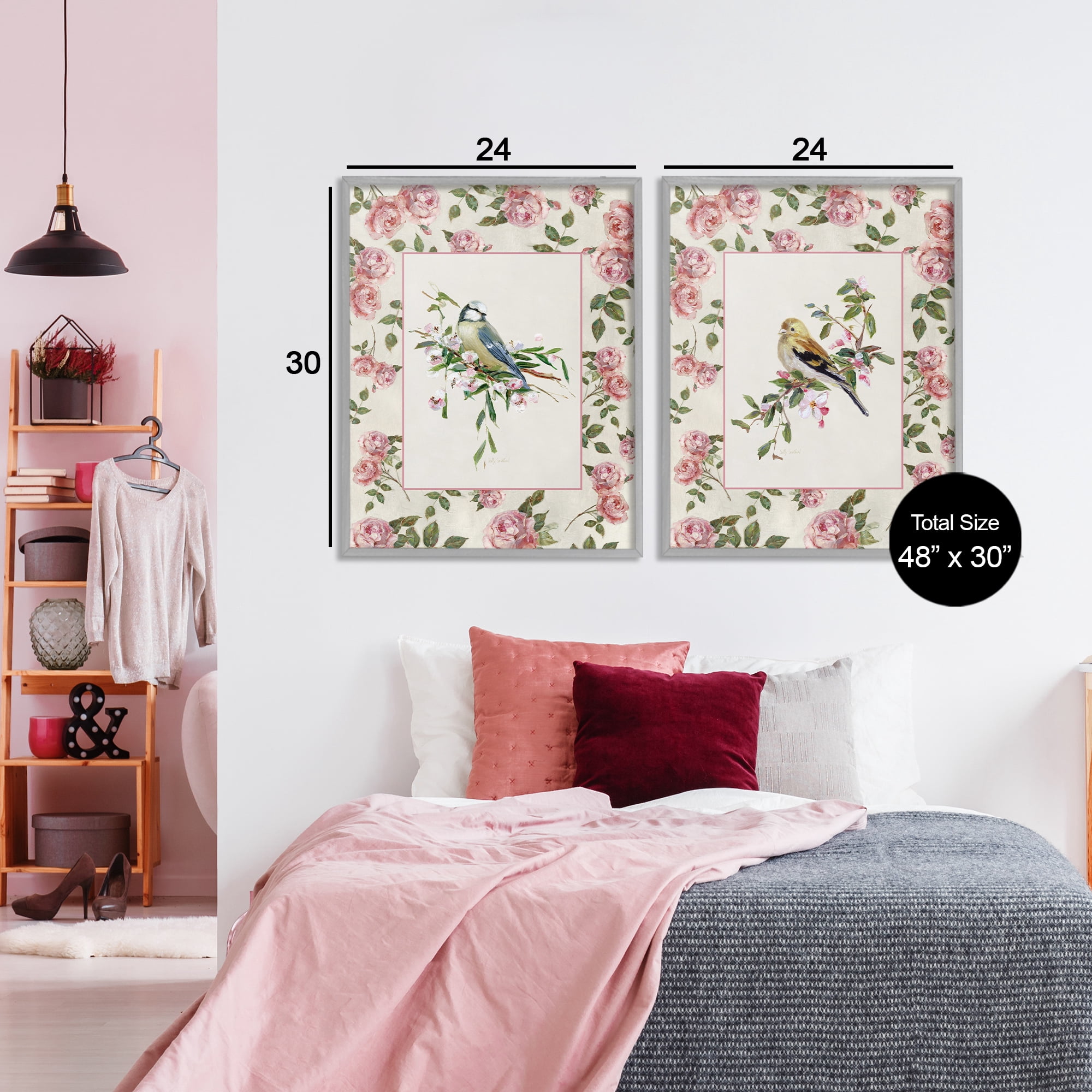 Stupell Industries Dainty Roses & Birds 2 Piece Gray Framed Giclee Art Set, design by Sally Swatland