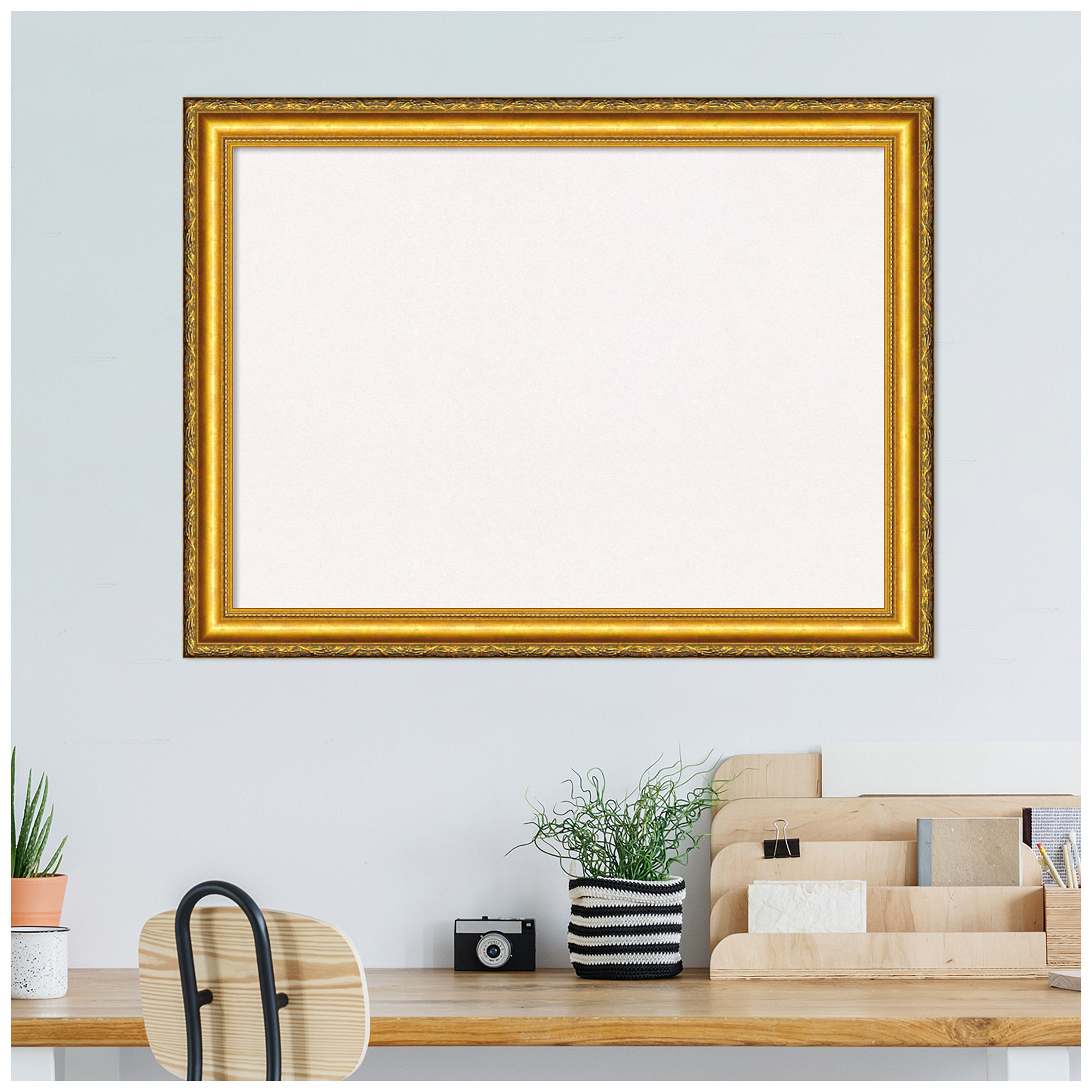 Amanti Art White Cork Board Wood Framed Colonial Embossed Gold Bulletin Board 32 in. x 24 in.