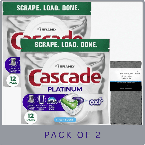 Cascade Platinum Fresh Dishwasher Detergent Pods, 12 ct with Microfiber Solid Color Towel by BundleEase