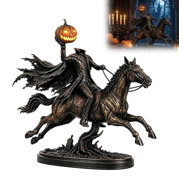 Halloween Headless Horseman Statue with LED Pumpkin Light, Gothic Horseman Figurine Decoration, Spooky Resin Tabletop Ornament for Mantel Shelf Home Party Decor