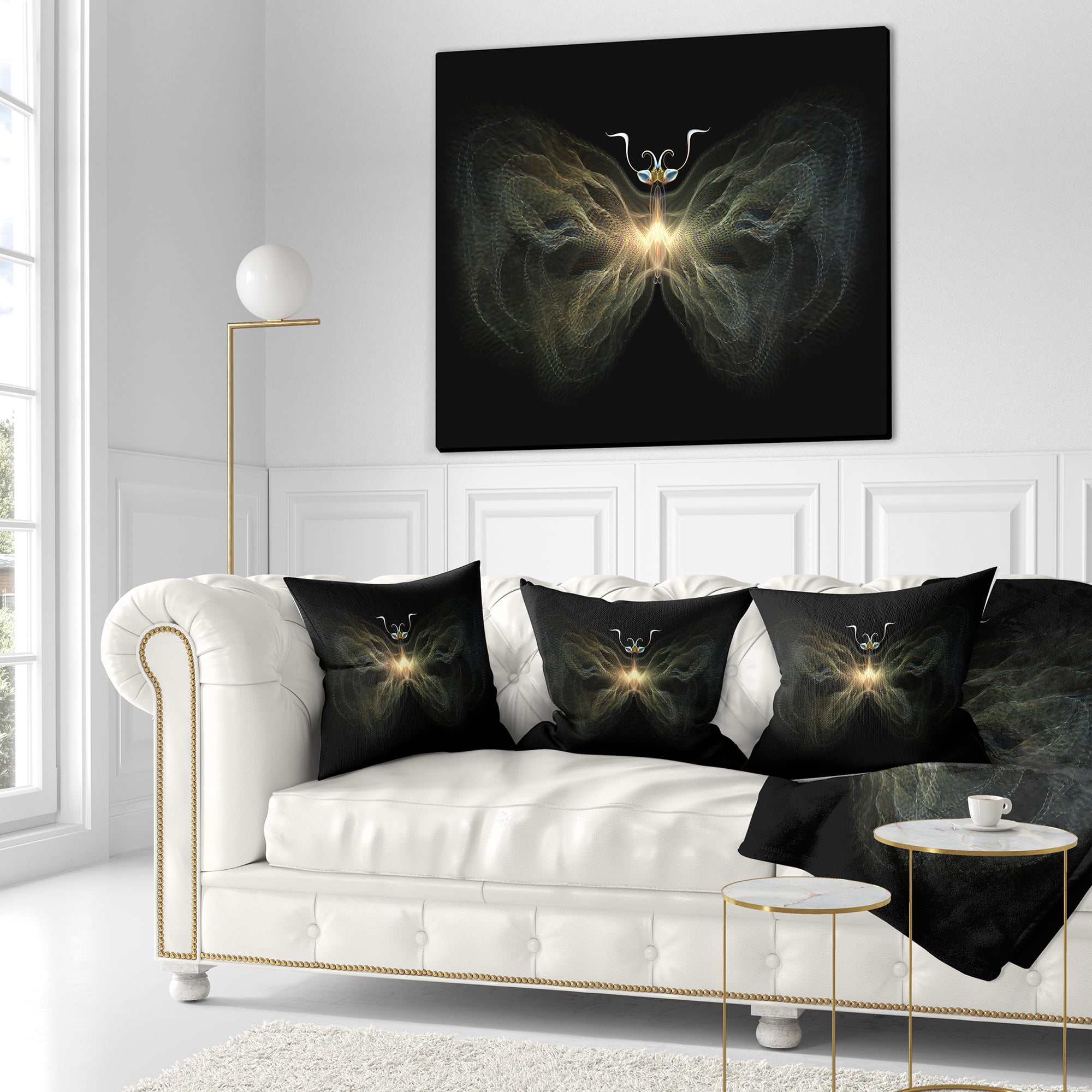 Designart Yellow Fractal Butterfly in Dark - Abstract Throw Pillow - 18x18