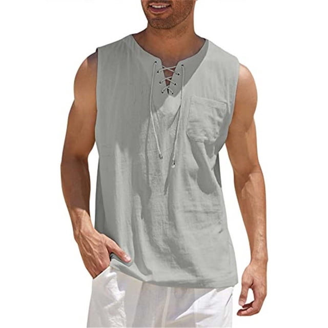 pstuiky Camisetas sin mangas para hombre, Camiseta sin mangas con cuello en V, holgada, informal, con cordón y bolsillo, de color liso y a la moda para hombre Tops elegantes para mujer xl