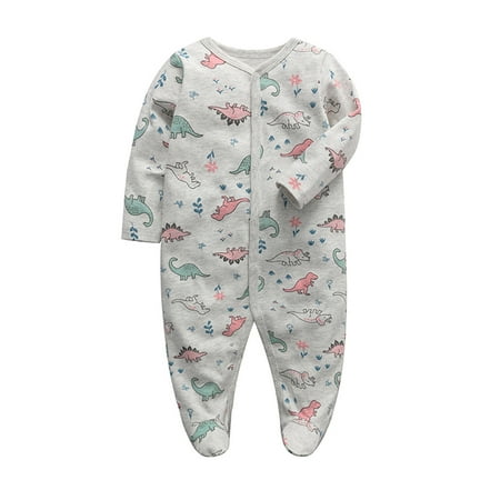 

QWERTYU Newborn Infant Baby Cartoon Zip Up Footies for Girl Summer Cotton Clothes Long Sleeve Romper 0-12M