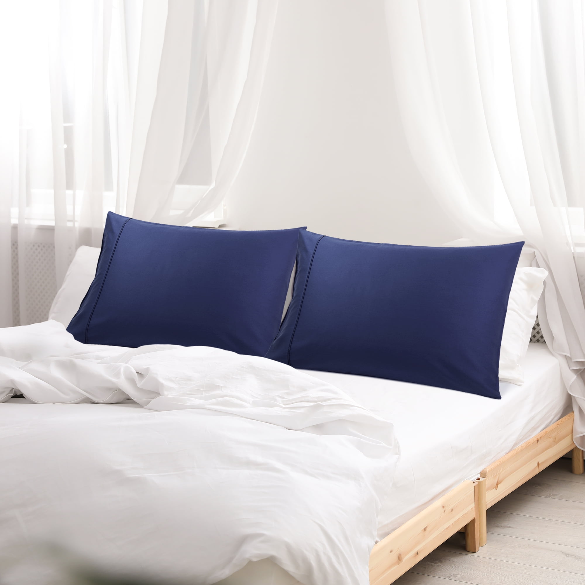 Unique Bargains Cotton Zipper Closure Pillowcase Set of 2 Navy Blue Standard