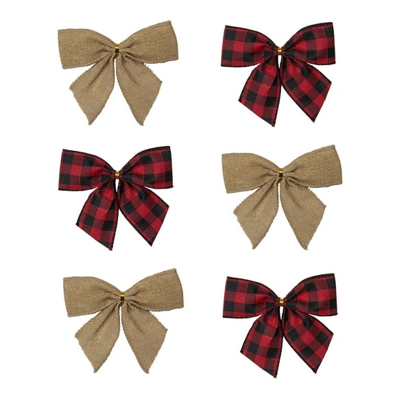 Northlight Buffalo Plaid and Burlap 2-Loop Christmas Bow Decorations - 5.5" - Pack of 6