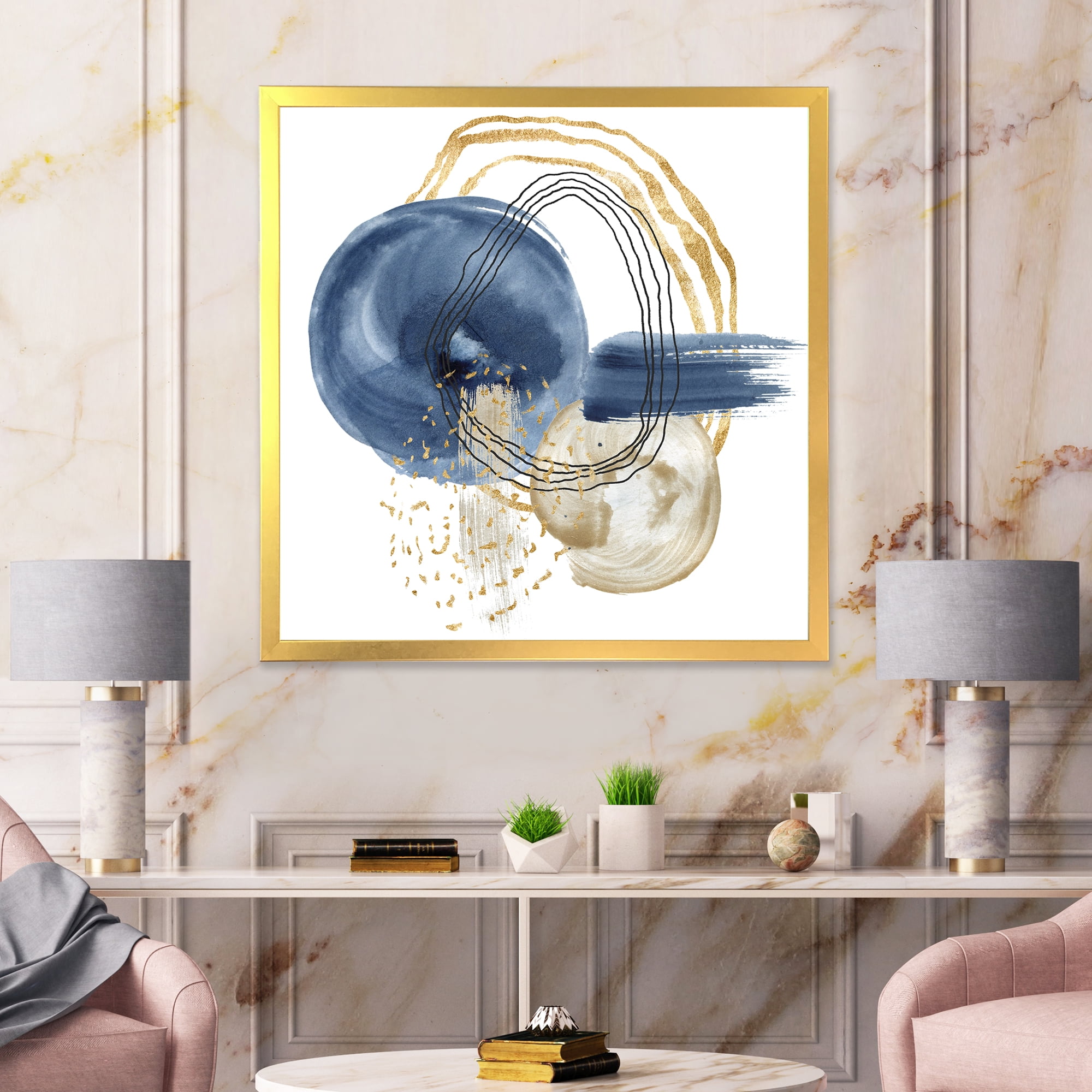 Designart 'Abstract Black and Dark Blue Gold Underwater Life' Modern Framed Art Print