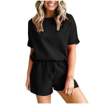 Scyoekwg Womens Sets Clothes Womens 2 Piece Outfits Summer Solid Color Loose Short Sleeve V-Neck Top Shorts Casual Sets (Black,L)