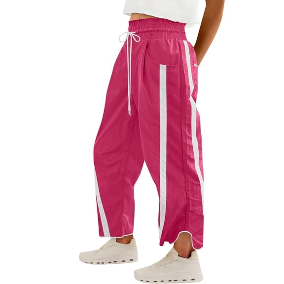 Wide Leg Sweatpants Womens High Waist Baggy Striped Sweat Pants Loose Stretch Casual Drawstring Pants With Pockets