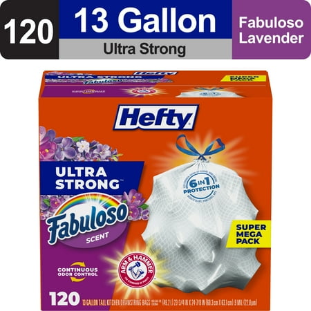 Hefty Ultra Strong 13 gallon Trash Bags, Tall Kitchen Trash Bags, White, Fabuloso Scent, 120 Bags