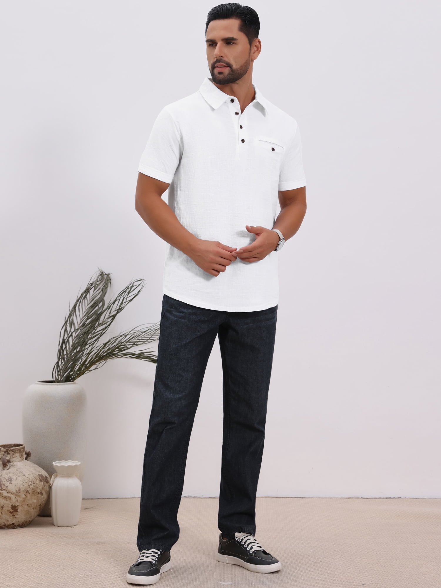 DARING DIVA Men's Linen Chest Pocket Short Sleeve Casual Hawaiian Shirts L White