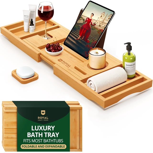 Bandeja de baño ROYAL CRAFT WOOD Premium de bambú plegable para bañera