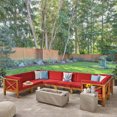 thumbnail image 3 of Keith Outdoor Acacia Wood 8 Seater Sectional Sofa Set with Fire Pit, Teak, Red, and Light Gray, 3 of 13