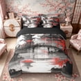 thumbnail image 3 of Manfei Ink Wash Red Sunset Temple Bedding Comforter Set for Girls Women, Chinese Landscape Queen Bedding Sets, Black Red, Black Reversible7 Pieces, 3 of 6