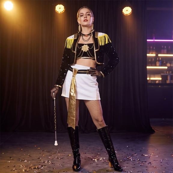 Pop Singer Cosplay Costume, Black Sequin Anime Game Stage Outfit, 11-Piece Fringe Jacket Top and Skirt Set with Accessories for Dress Up
