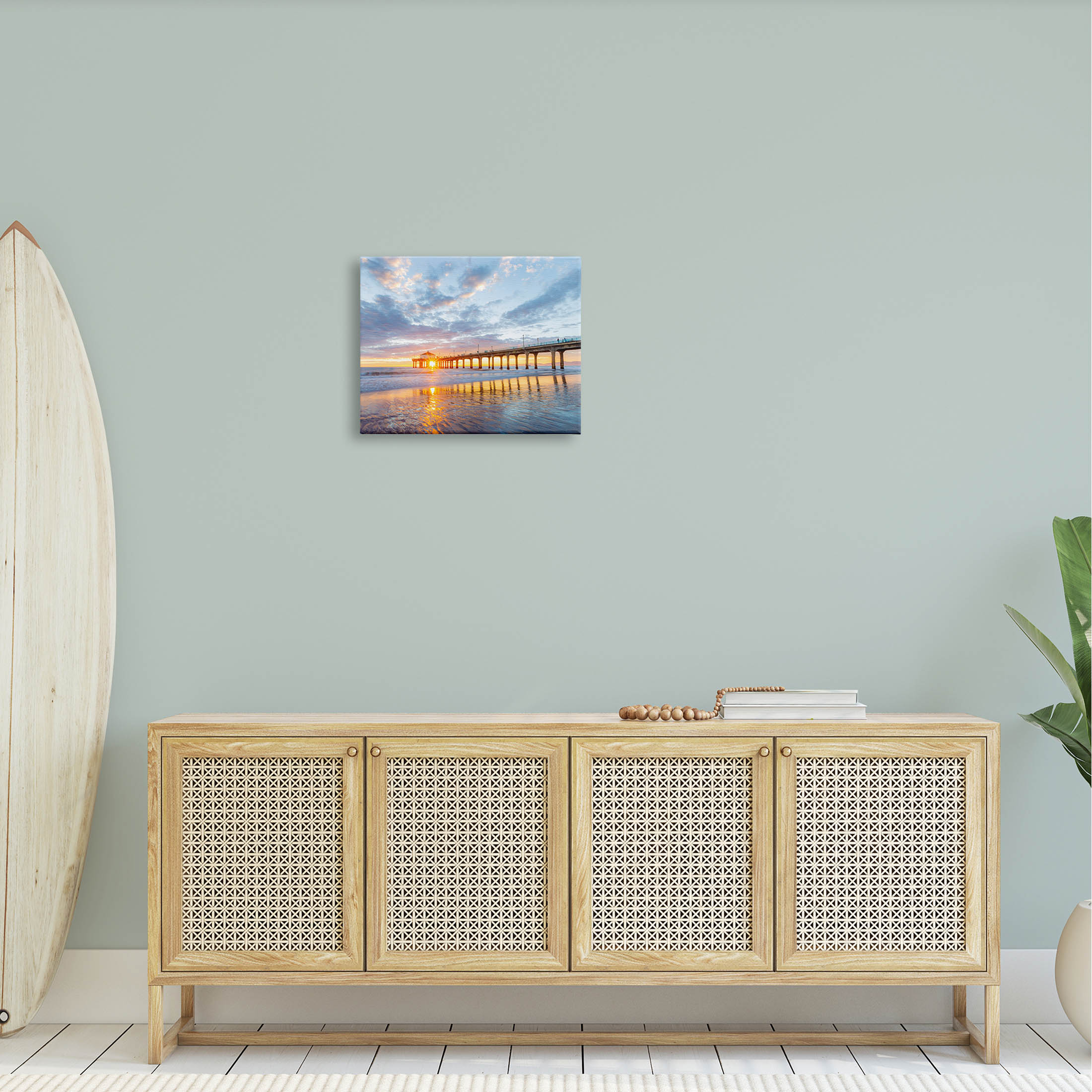 Ocean Pier Sunrise Reflection Coastal Photograph Gallery Wrapped Canvas Print Wall Art