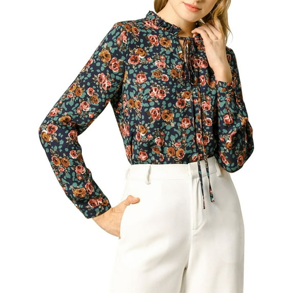 Allegra K Women's Tie Ruffled Neckline Polka Dots Floral Blouse Tops