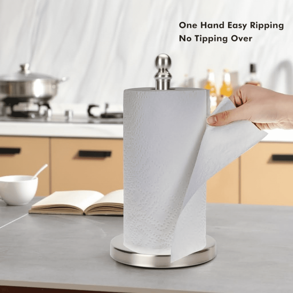 Countertop Paper Towel Holder with Weighted Base for Kitchen and Bathroom, One-Handed Operation, Brushed Nickel Finish