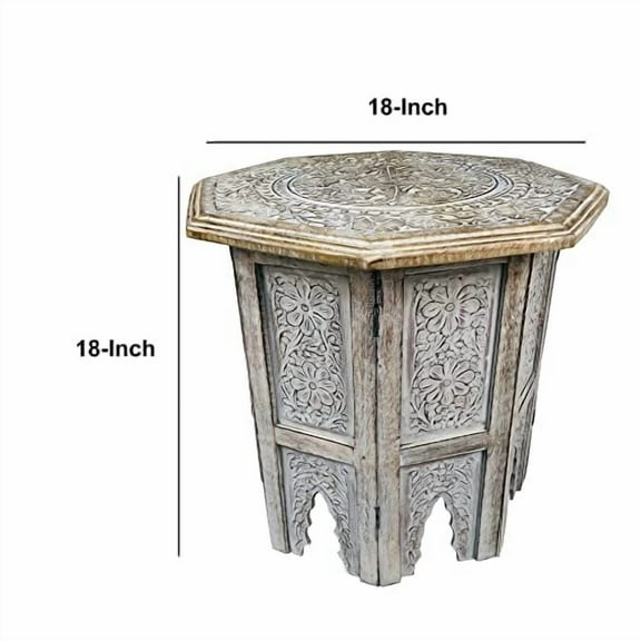 The Urban Port Farmhouse Wooden Side Table with Engraved Design and Octagonal Top