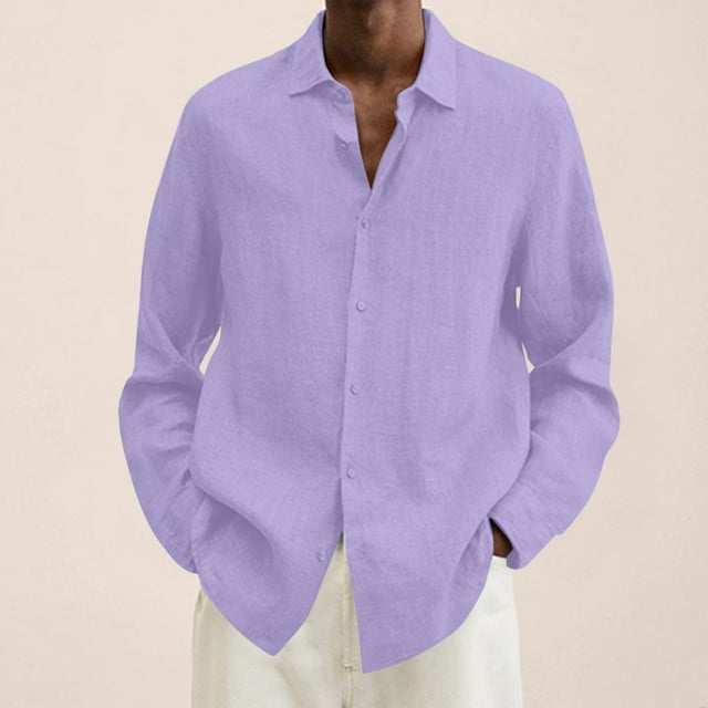 EGNMCR Chemises à Manches Longues pour Hommes Automne Mode Décontractée Couleur Unie Bouton Col Rabattu Hauts Blouse Confortable Coton Chemises de Travail de Bureau