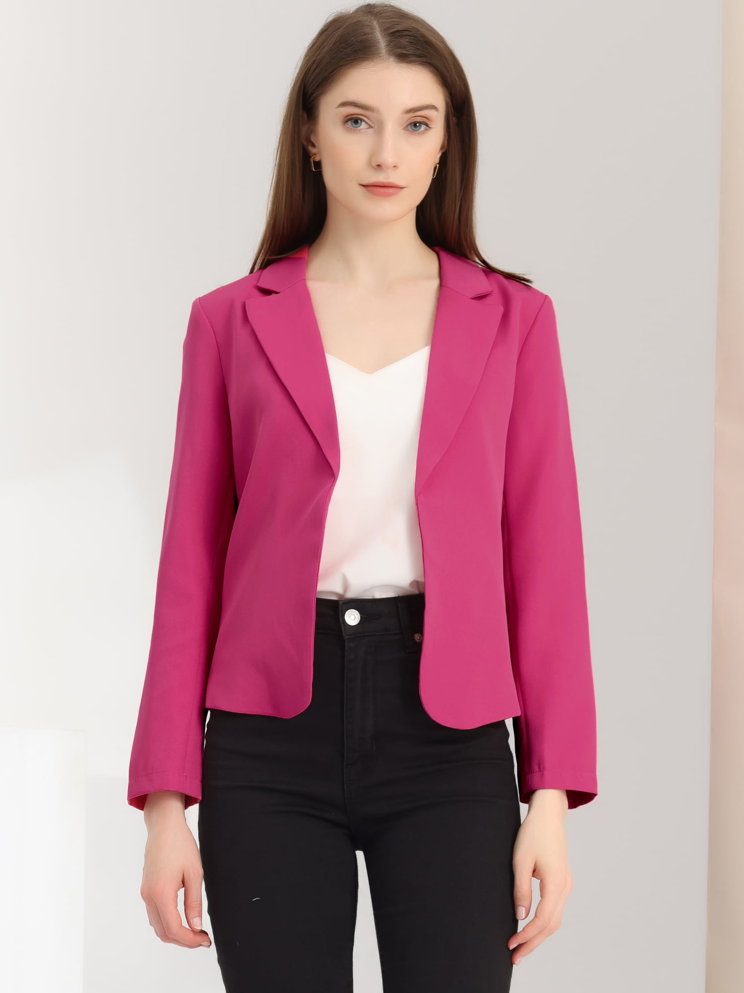 DARING DIVA Women's Notched Lapel Work Crop Blazer L Hot Pink-Solid