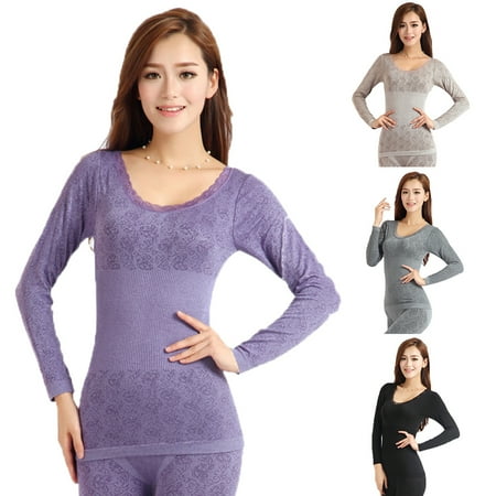 

Women Winter Thermal Underwear High Elasticity O-Neck Top Long Johns Pajama Set