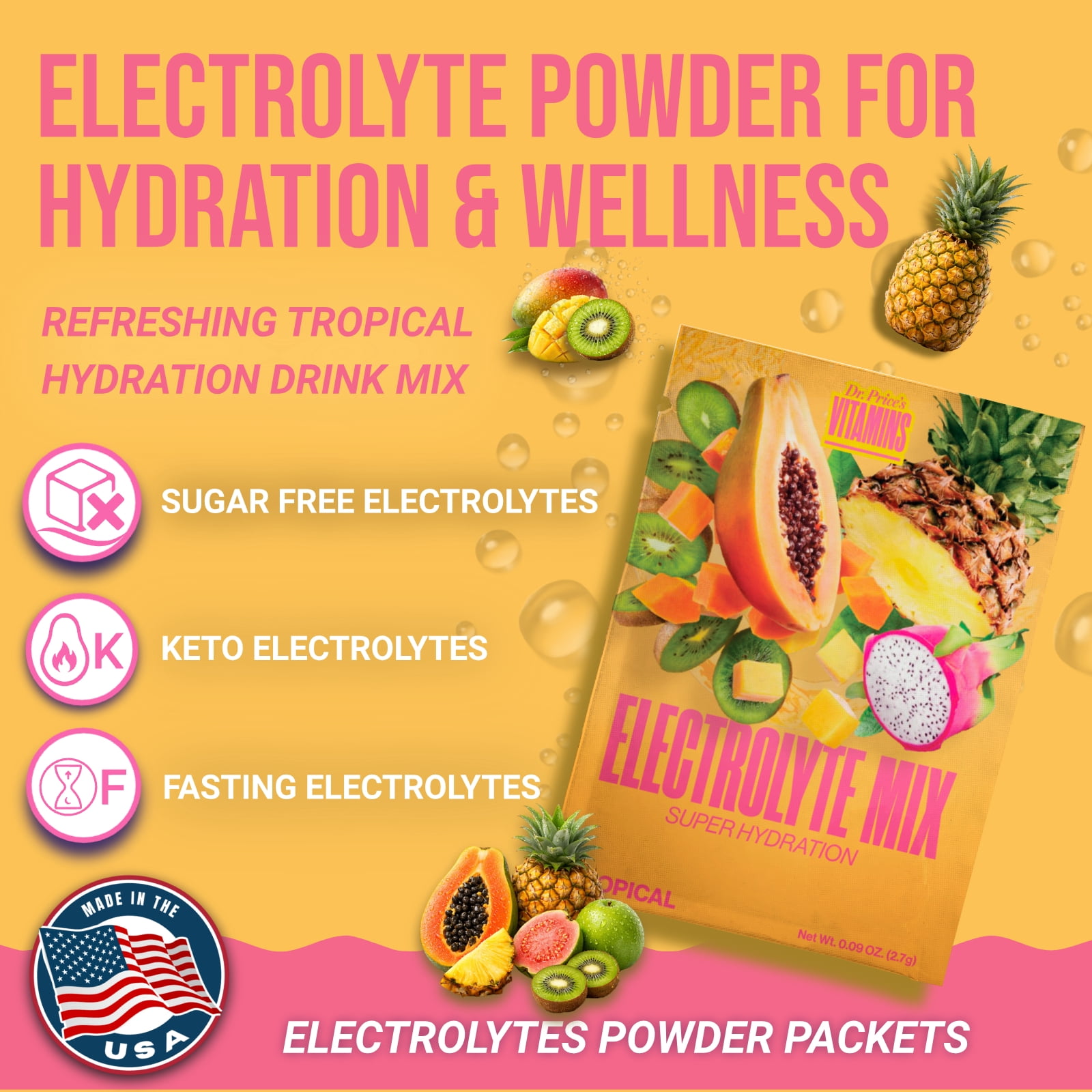 Dr. Price’s Electrolyte Mix – Tropical Flavor, 30 Packets | Sugar-Free Hydration Powder with Trace Minerals
