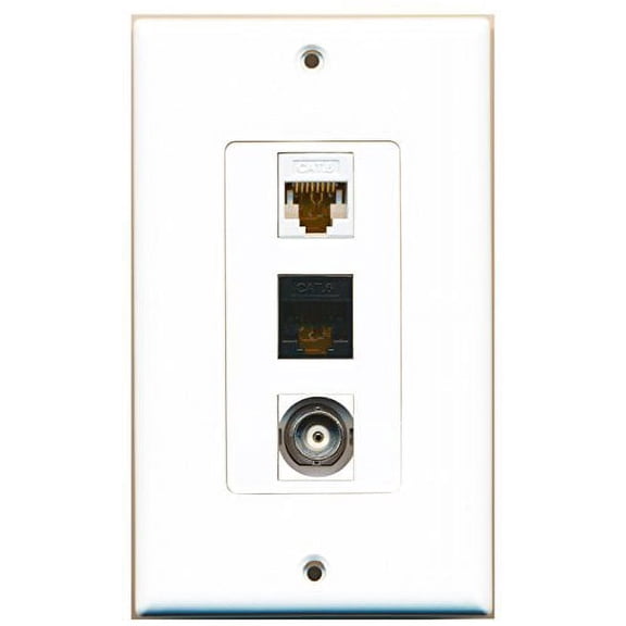 RiteAV - 1 Port BNC and 1 Port Cat6 Ethernet White and 1 Port Cat6 Ethernet Black Decorative Wall Plate Decorative