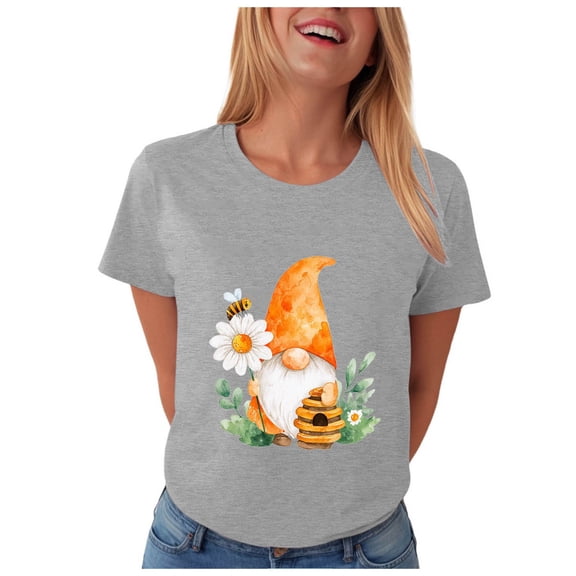 vigerkar Gnome T-Shirt for Women Floral Graphic Tees Cute Gnome Short Sleeve Tee Tops 2026 Summer (Light Gray, S)