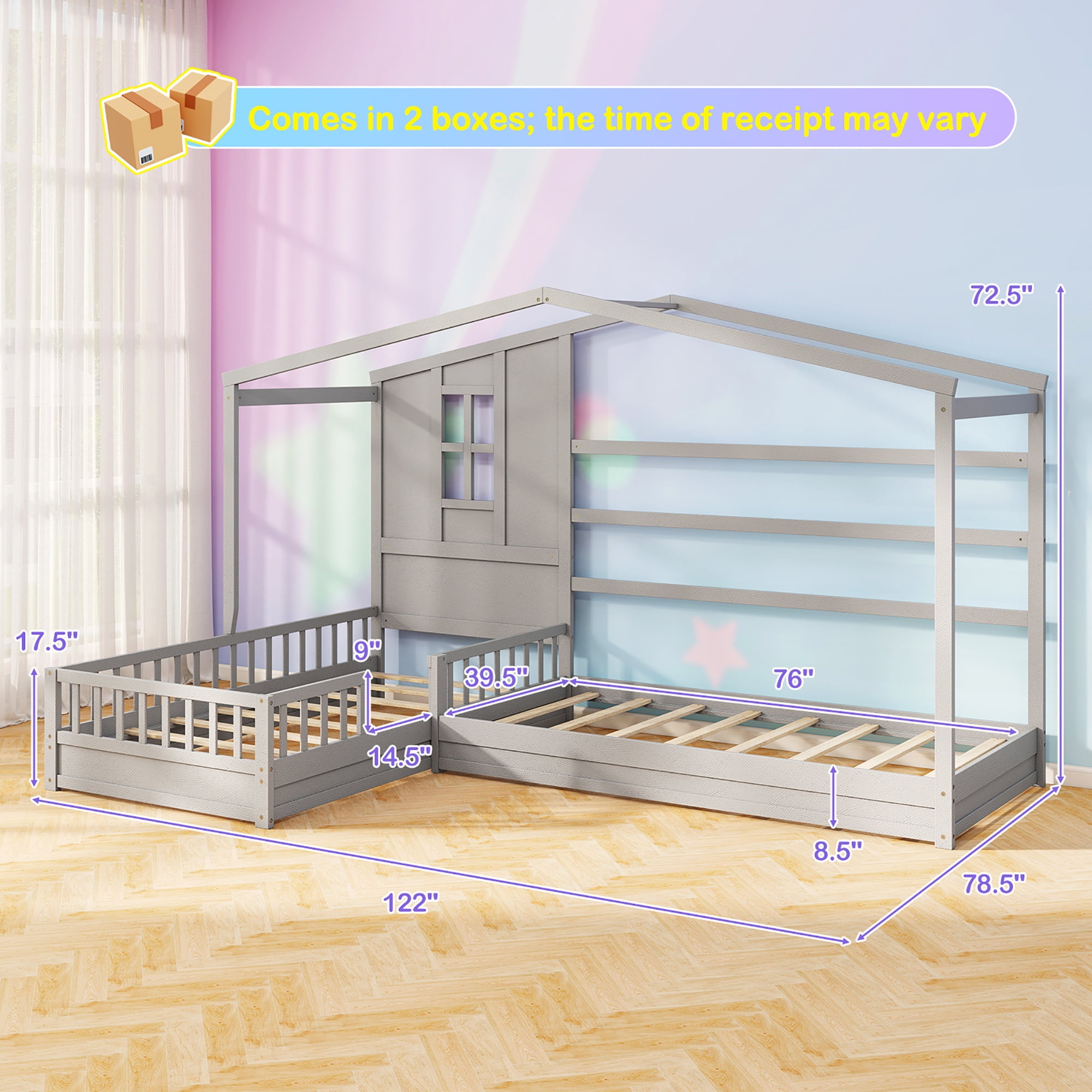 Gymax L-shaped Double Twin Beds House Platform Beds w/ Window & Fences ray Gray