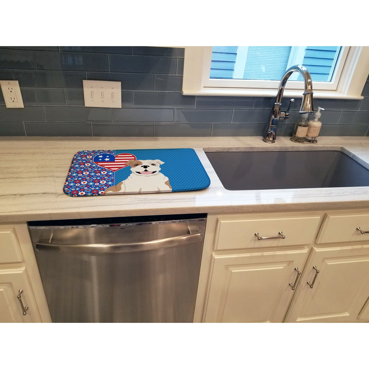 Piebald English Bulldog USA American Dish Drying Mat