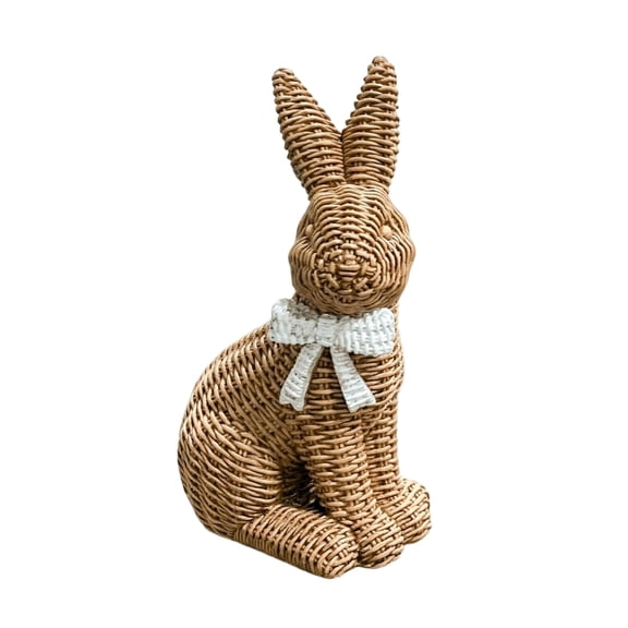 Handwoven Rattan Rabbit Figurine Decorative Sculpture with Ribbon Accent for Home and Office Display