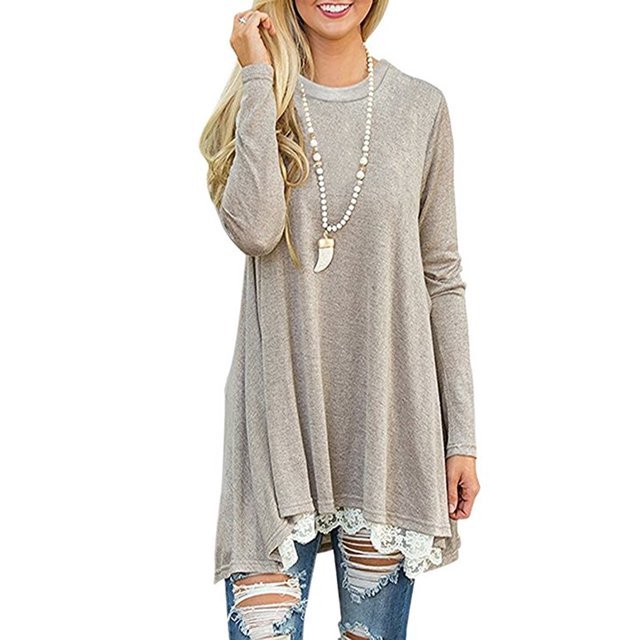 Andaa Mujer Cuello Redondo Manga Larga Encaje Empalme Swing Camisa Vestidos Túnica Larga Blusas Camisas para Leggings Caqui