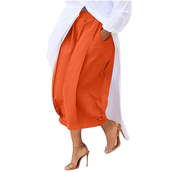 Cavosen Work Pants for Women Wide Leg Capri Solid Lightweight Flowy Elastic Waist Cropped Trousers Breathable Comfortable Pants Orange S