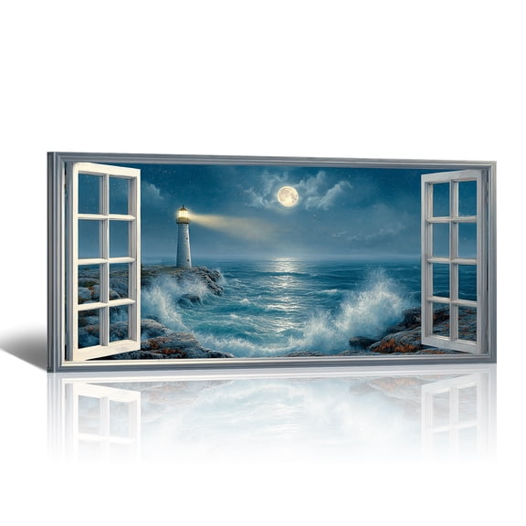 Lighthouse Nautical Window Canvas Wall Art - Blue Ocean Beach with Moon Coastal Landscape Paintings, Modern Horizontal Canvas Prints for Home Decor