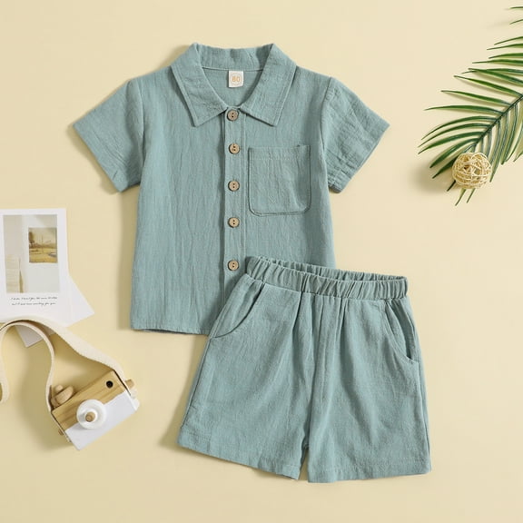 Conairie Boy Outfits Set 2 Piece Collar Button Down Short Sleeve Shirt and Shorts Kids Cute Solid Lightweight Summer Soft Loungewear Clothe Set Army Green 18-24 M