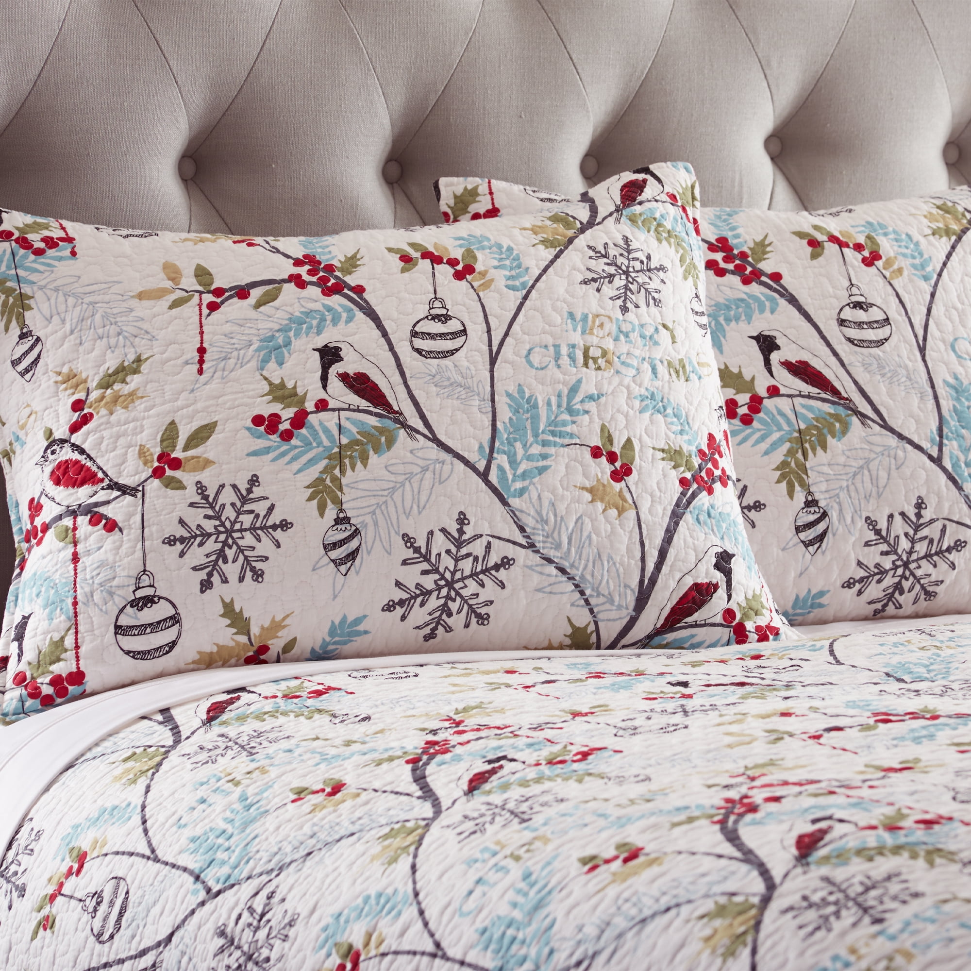 Levtex Home - Holly Quilt Set - Full/Queen Quilt + Two Standard Pillow Shams - Christmas Trees - Teal Red Green White - Quilt Size (88x92in.) and Pillow Sham Size (26x20in.) - Reversible - Cotton