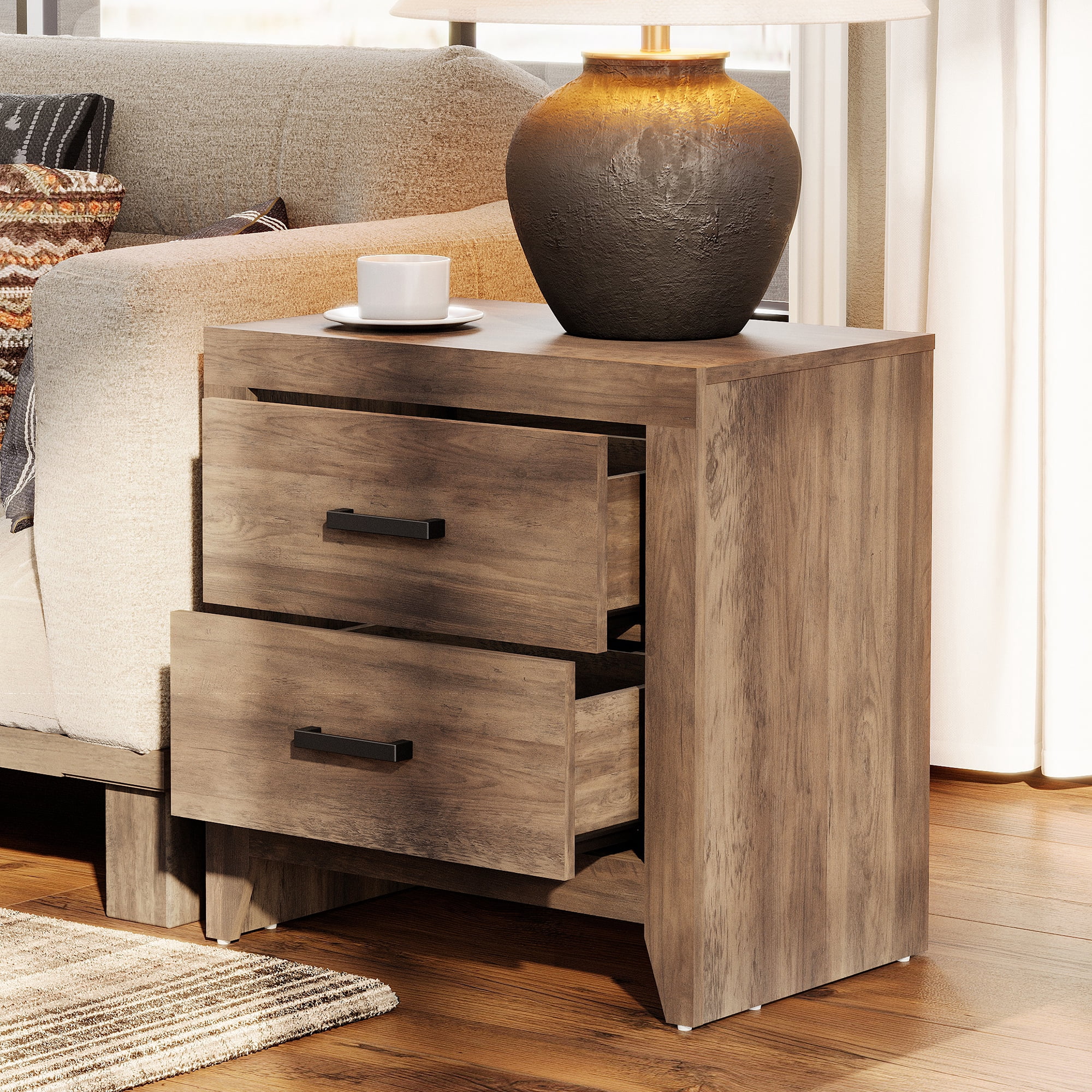Farmhouse Rustic Wooden Nightstand With 2 Smooth‑Glide Storage Drawers,Solid‑Base Bedside End Table,Multi‑Purpose Accent Side Cabinet For Bedroom,Living‑Room,Brown