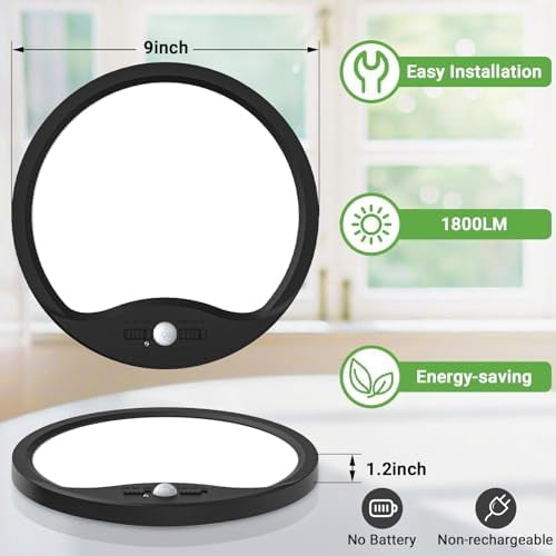HOVMAP Rechargeable Motion Sensor Ceiling Light, Wired 18W 1800lm 3 Mode Timer Bright LED Flush Mount Light Fixture, Renter Friendly Ceiling Light, Garage Lights, 2Pcs 9" Infrared Sensing Black 3CCT
