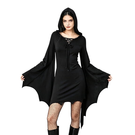 OSOLU Women's Halloween Dress Elegant Hooded Design Lace Up Neck Bat Wing Sleeve Gothic Irregular Dresses Party, Black